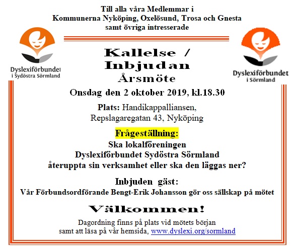Välkommen på Årsmöte med Dyslexiförbundet Sydöstra Sörmland